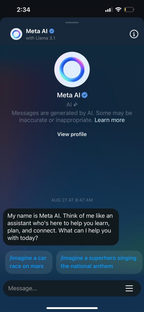 screenshot of new Meta AI search/creation feature on Instagram