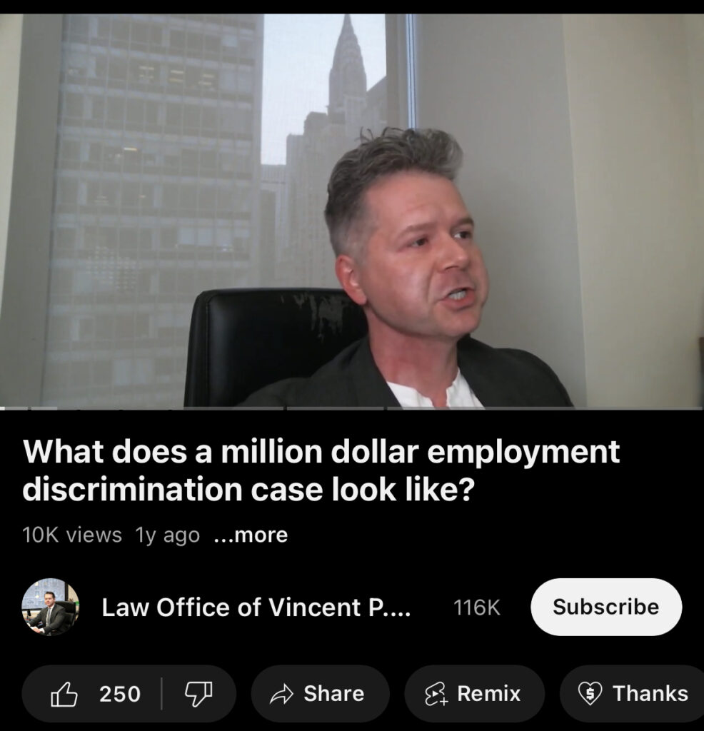 Screenshot of YouTube video by Law Office of Vincent P. White titled "What doe a million dollar employment discrimination case look like?"