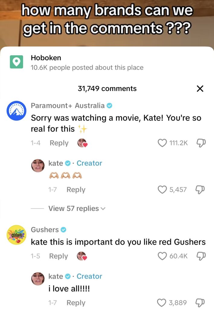 Screenshot of Paramount+ comment and Gushers comment on influencer's TiktTok video.