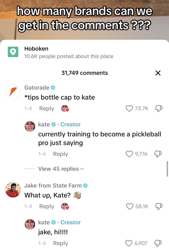 Screenshot of Gatorade comment and Jake from State Farm comment on influencer's TiktTok video.