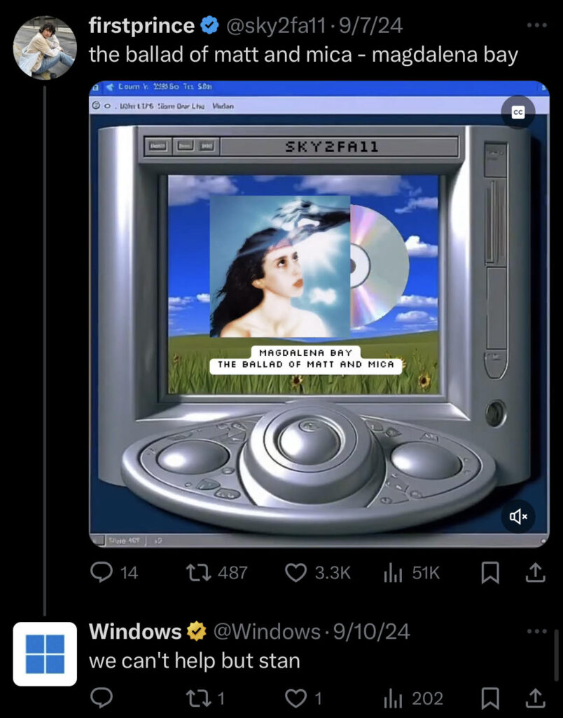 Screenshot of Windows X reply to tweet that says "we can't help but stan"