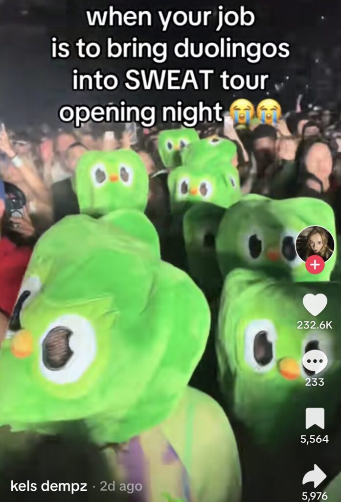 Screenshot of Duo Lingo staff member's TikTok video about the concert