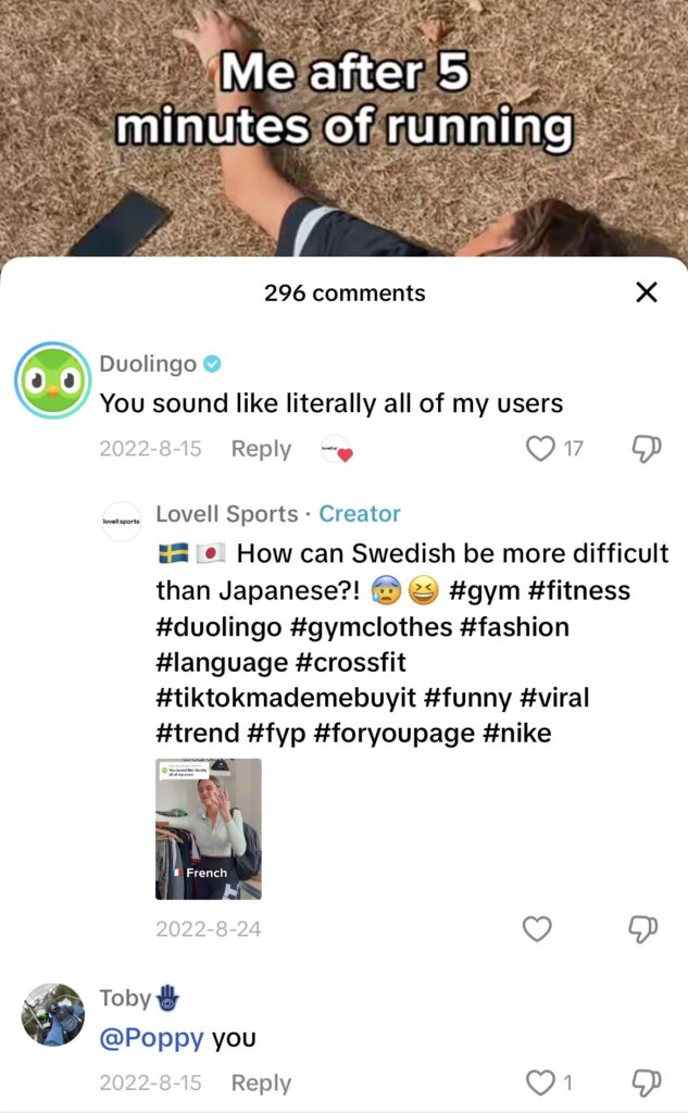 Screenshot of Duolingo comment on user's video that says "You sound like literally all of my users"