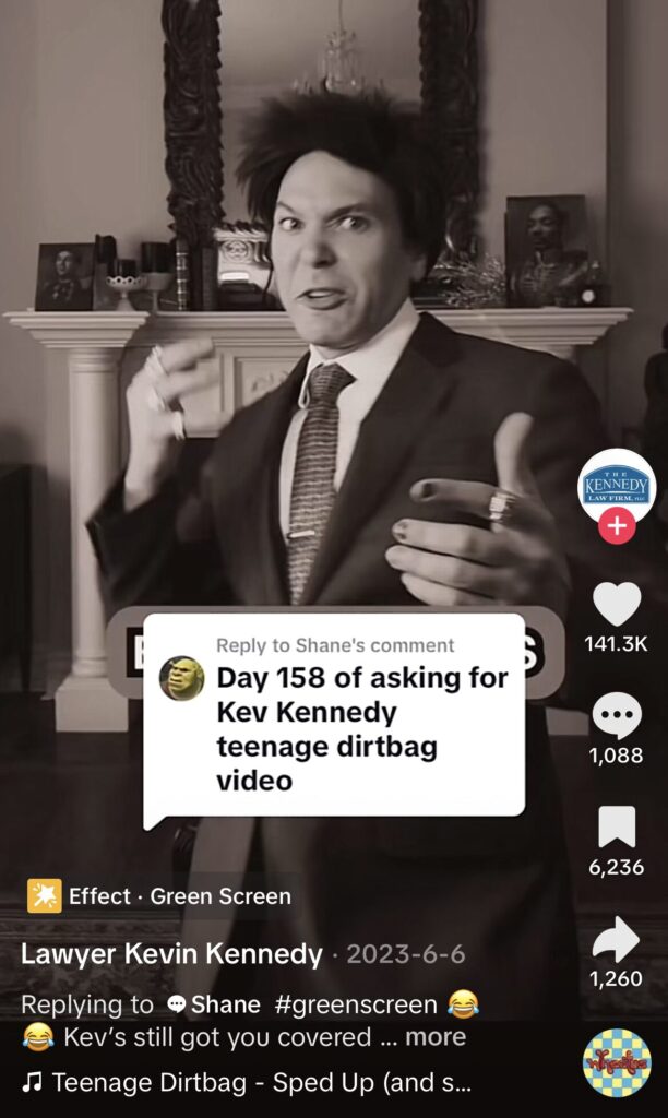 Screenshot of Kennedy Law Firm video response to comment on TikTok