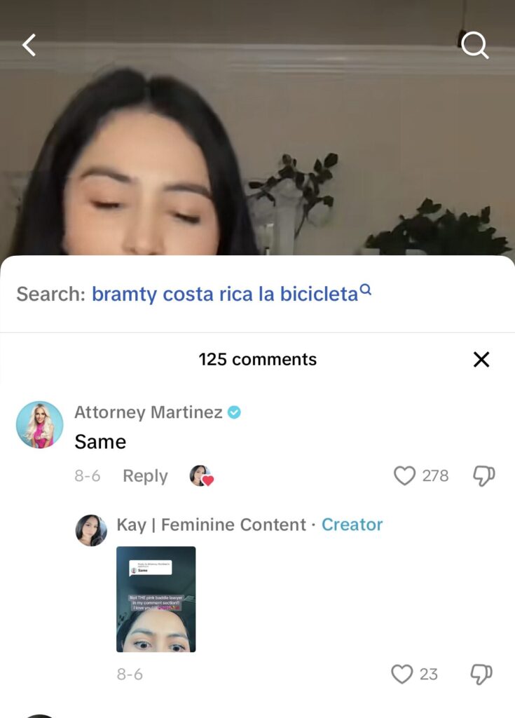 Screenshot of Attorney Martinez commenting "same" on user's post