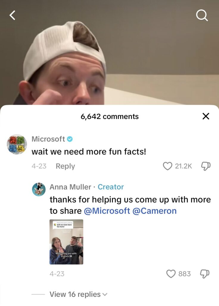 Screenshot of Microsoft commenting "wati we need more fun facts!" on a user's TikTok video.