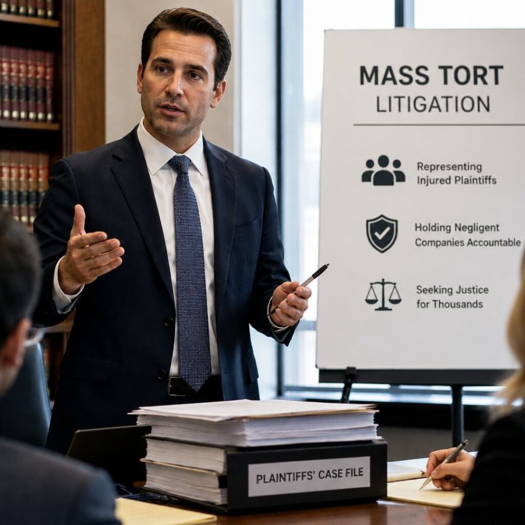mass tort litigation lawyer holding a case meeting in his law office