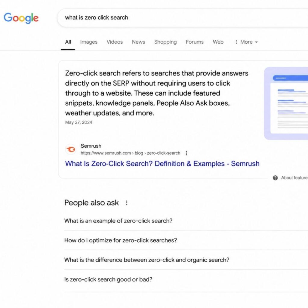 screeshot of the serp for query "what is zero click search" showing featured snippet or AI Overview and people also ask snippets