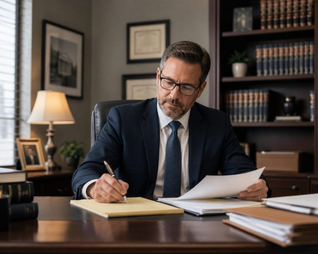 probate lawyer sitting at his desk in his office referencing a document and taking notes on a yellow legal pad